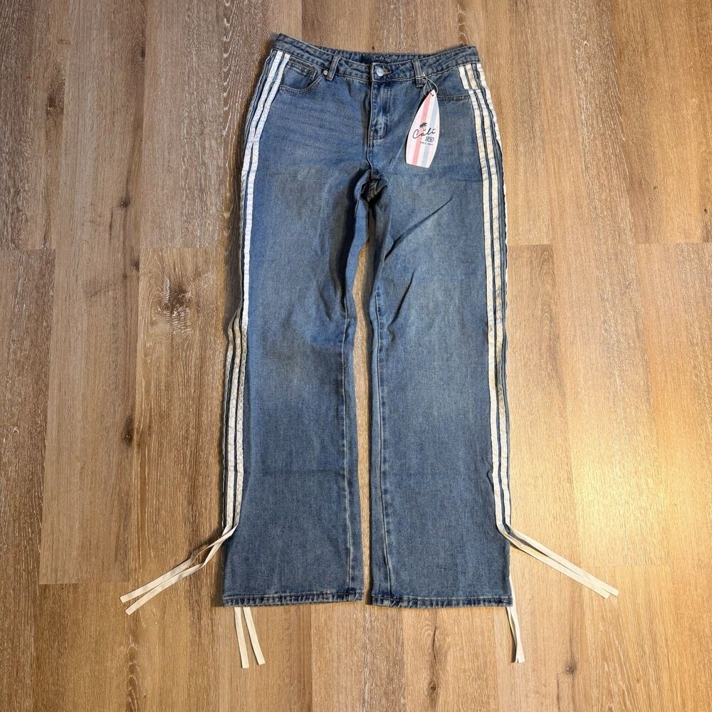 Cali 1850 Junior’s Size 7/28 Y2K Baggy Wide Jeans Side Stripe Ribbon Jeans NWT
